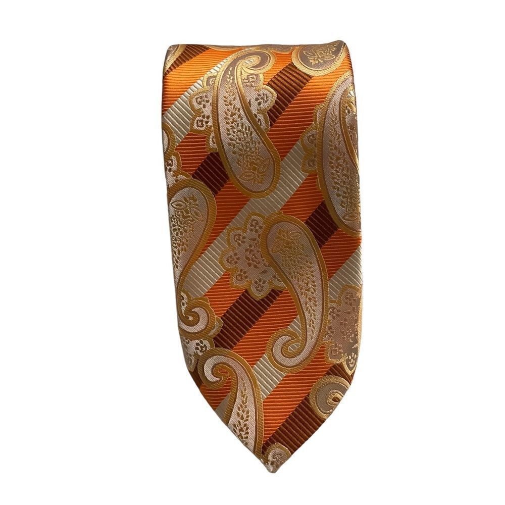 Henri Picard Orange Striped Paisley Big & Tall Extra Long Tie
